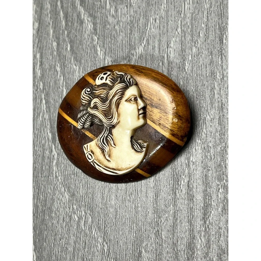 Vintage Hand Carved Resin Cameo Brooch Pin on Wood Inlay Backing Victorian Style
